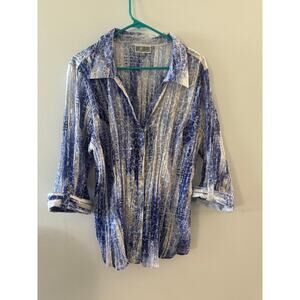 JM Collection Womens Blue Semi Sheer Button Down Size XXL Blue Striped Coastal